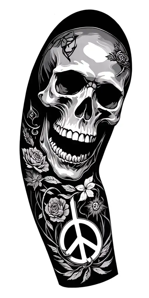 Skull Arm Sleeve Tattoo Featuring Iconic Symbols Peace