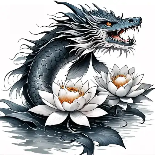 Dragon Koi With Lotus Flowers