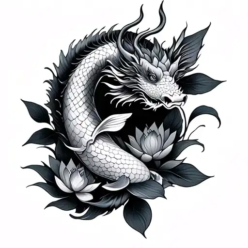 Japanese Traditional Dragon Koi With Lotus Flowers