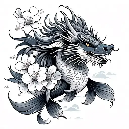 Japanese Traditional Dragon Koi With Sakura Flowers