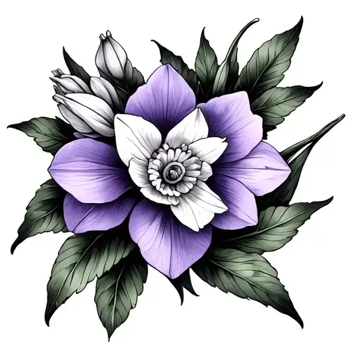 Fine Line Tattoo Of Violet Flower And Narcissus Flower Intertwined