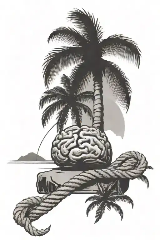 Brain Sitting On A Beach Tied To The Base Of A Palm Tree With A Rope