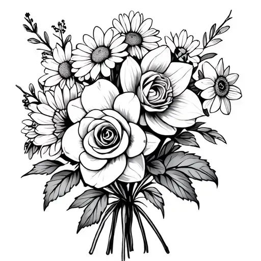 Simple Fine Line Bouquet Of Daffodils Roses Chrysanthemum And Violets