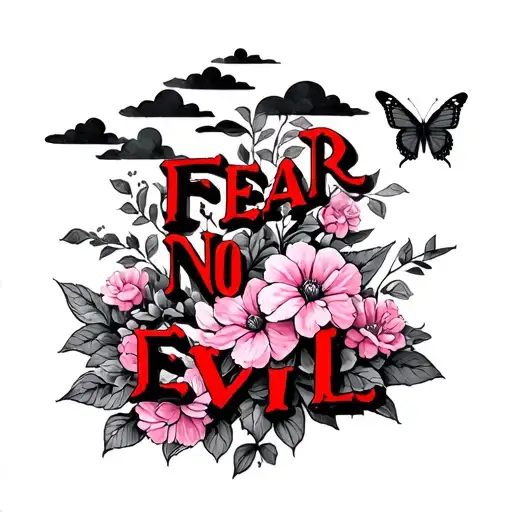 Red Words Saying Fear No Evil With Pink Flowers And Butterfly's With Black Clouds