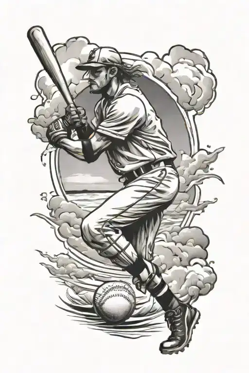Create A Tattoo Design Featuring A Baseball And Football Player Facing Off On The Beach