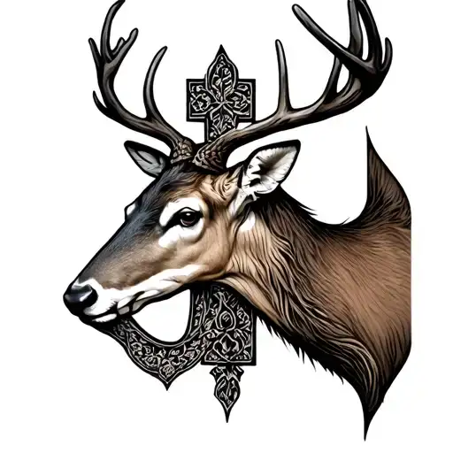 Cross Tattoo With A European Deer Mount