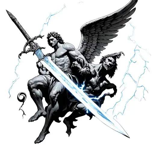 Archangel Michael Defeating Satan With A Sword Like A Bolt Of Lightning