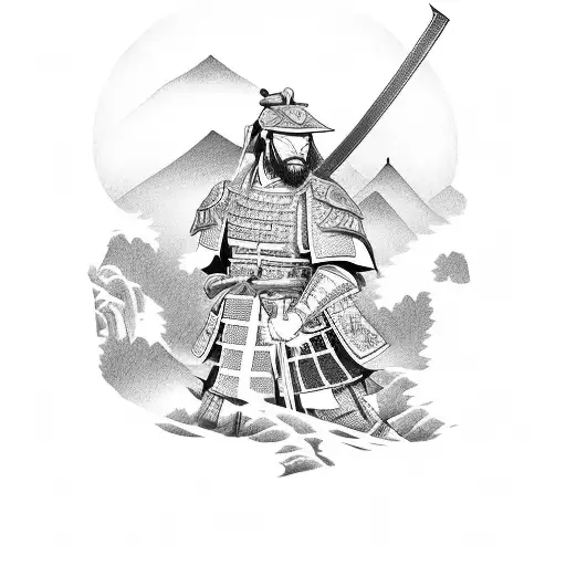 Samurai Near The Castle In The Mountains