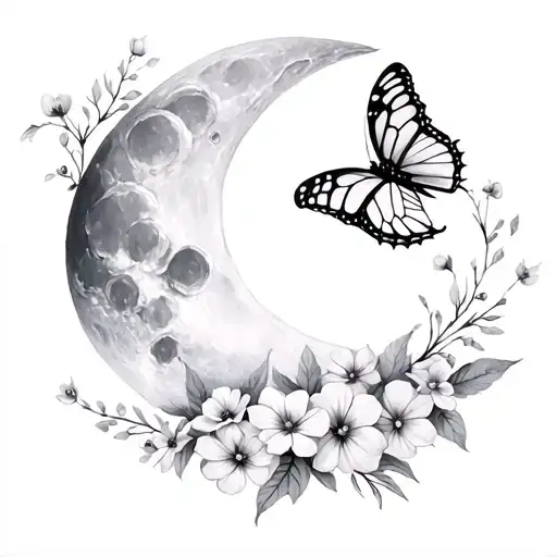 Moon With Butterfly And Flowers