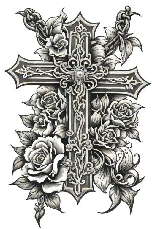 Cross With Flowers And Rosary Beads