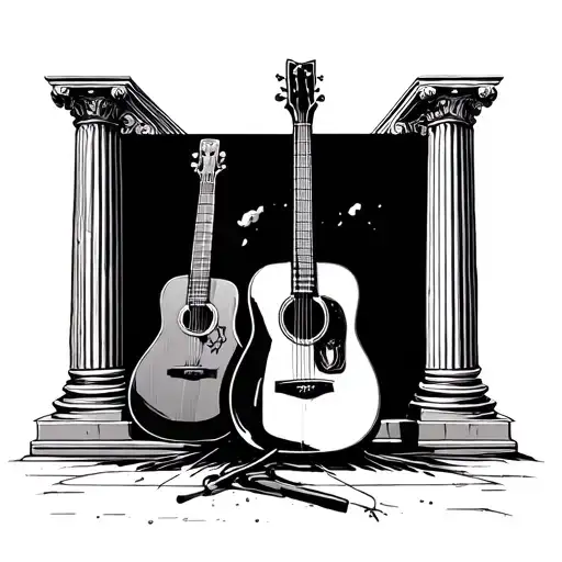 An Acoustic Guitar Next To A Greek Column Pillar