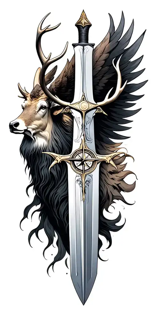 Angle Michael Will Long Sword With Compass And A Beautiful Elk