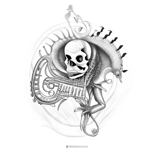 A Skull Composed Of Musical Instruments With An Iguana Perched On Top