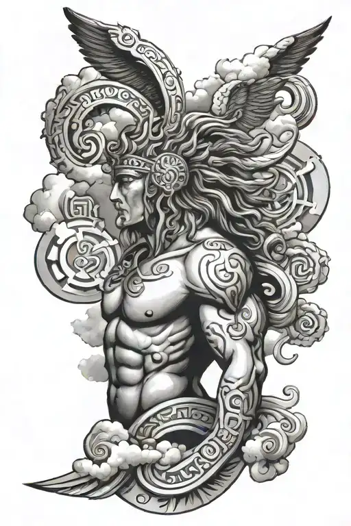 Human Strength Greek Style With Clouds And Symbols