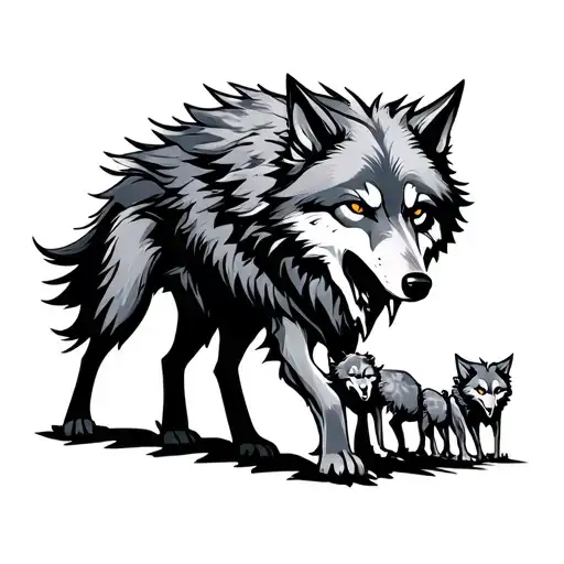 A Wolf Fenrir That Protects 4 Small Wolf With A Threatening And Aggressive Look