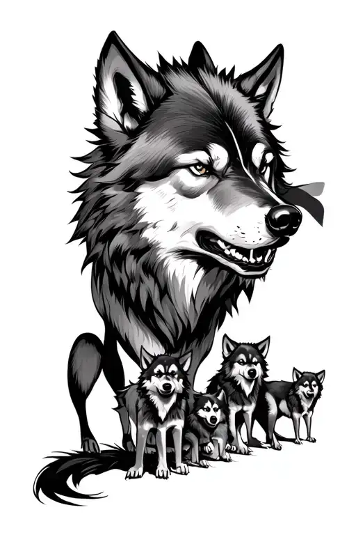 A Wolf Fenrir That Protects 4 Small Wolf With A Realistic Threatening And Aggressive Look