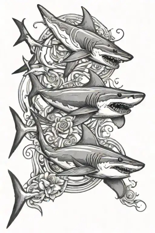 An Intricate Design Featuring A Shark And A Stingray Swimming Together In A Dynamic Pose