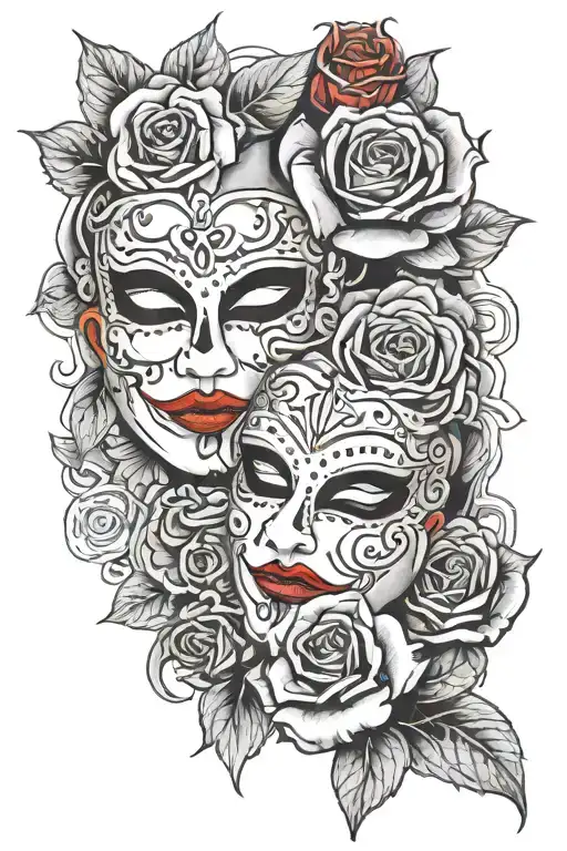 Laugh Now Cry Later Mask With Red Rose Surrounded