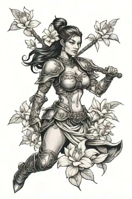 Female Warrior With Gardenias And Magnolias Blooming