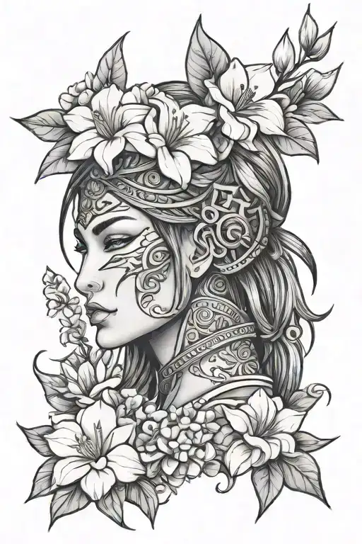 Female Warrior Face With Gardenias And Magnolias Blooming