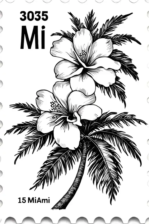 Lack And White Postage Stamp That Embodies An Orange Blossom Flower 305 Miami And A Palm Tree