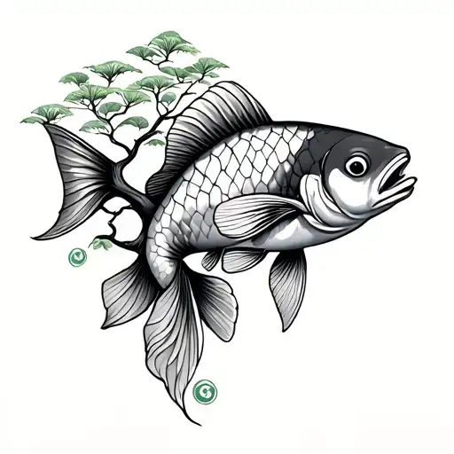 Coy Fish With Money Tree Growing