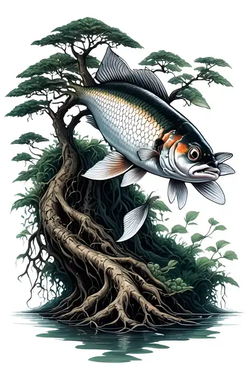 Realistic Coy Fish With Money Tree Growing Roots Reaching Deep