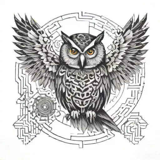 An Intricate Geometric Pattern Resembling A Circuit Board With An Owl Perched In The Center