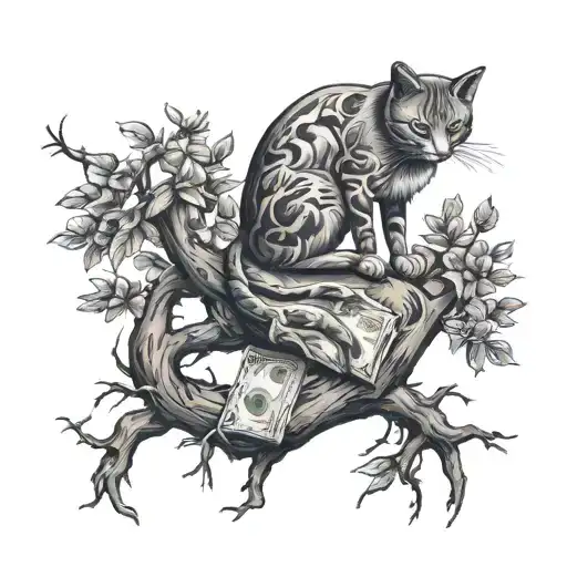 Full Body Cat On Growing Tree With Money