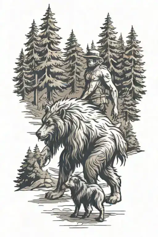 Sasquatch Walking With A Australian Shepherd Dog In The Forest