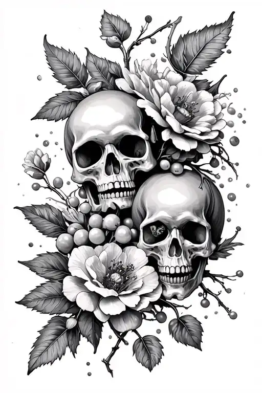 Full Sleeve Tattoo With Flowers And Many Little Skull Like They Are Berries