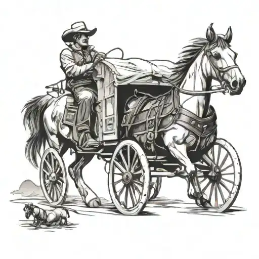 Cowboy Driving A Covered Wagon That's Being Pulled Bt Horses