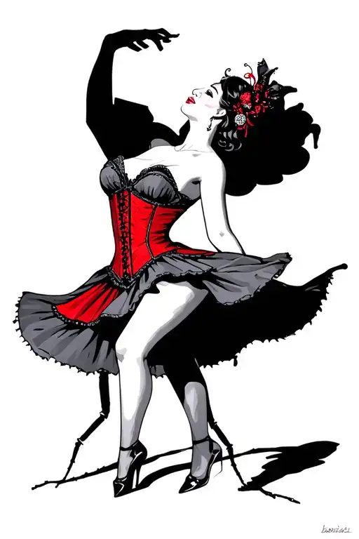 Cancan Dancing Woman In Black And Grey With Red Corset And Shadow Behind Her Is 8 Spider Legs
