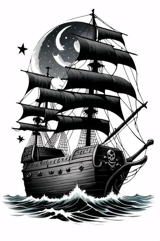 Treasure Chest Pirate Ship Sailing Moon Stars