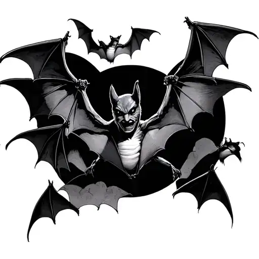 Several Bats Flying From The V Line Tattoo Design
