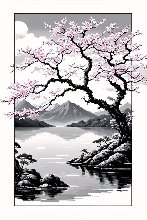 Japanese Cherry Blossom Tree At A Lake Surrounded By Mountains