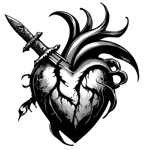 Black Heart With Japanese Dagger