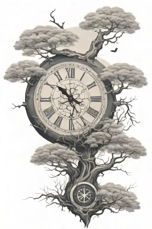 A Broken Clock In A Bodhi Tree Surrounded By Enso Circle Add Compass At Base Of Tree