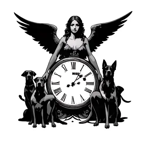 Fallen Angel Seated On Clock With Silhouette Of Town And A Silhouette Family Of 4 And 2 Dogs