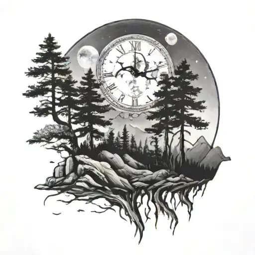 5 Trees With A Mountain In The Backgrond And A Clock As The Moon