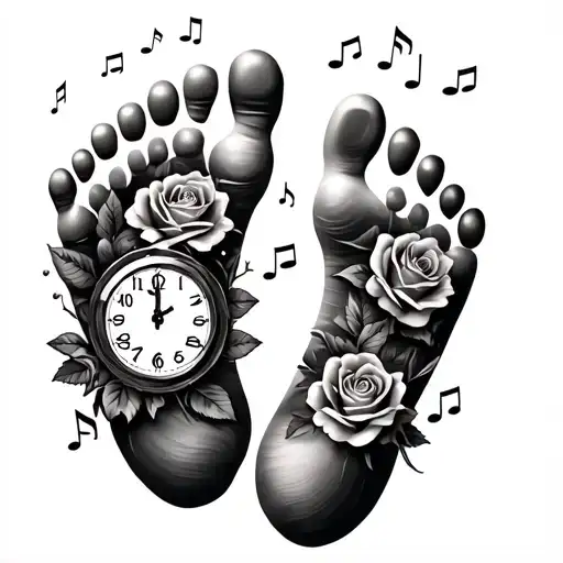 Baby Foot Print With Music Notes And Roses And A Clock