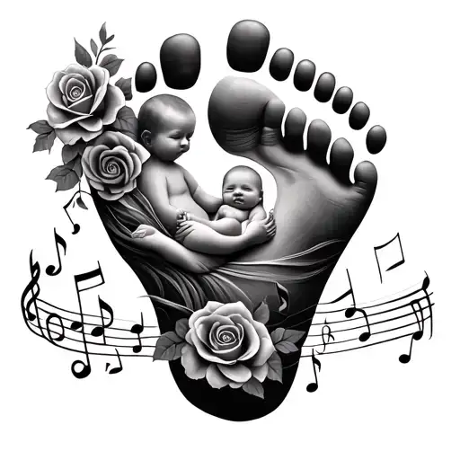 Newborn Foot Print With Music Notes And Roses Mother Holding Baby