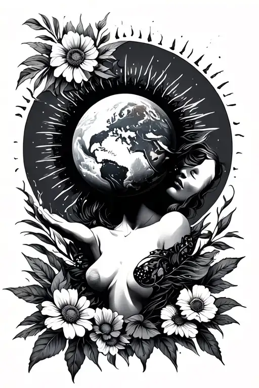 Woman Holding Earth With Sun And Flowers In The Back Ground