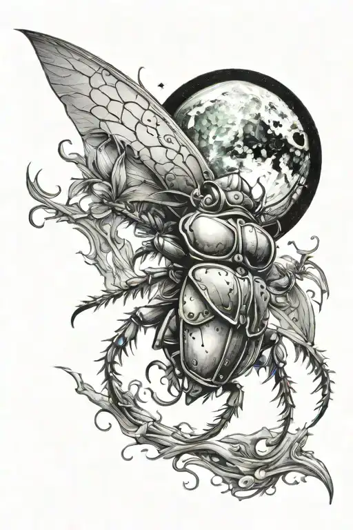 A Mystical Night Scene With A Crescent Moon Nestled Inside A Beetle