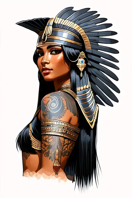 Cleopatra With Brown Skin And Black Straight Hair And Bangs And Traditional Helmet