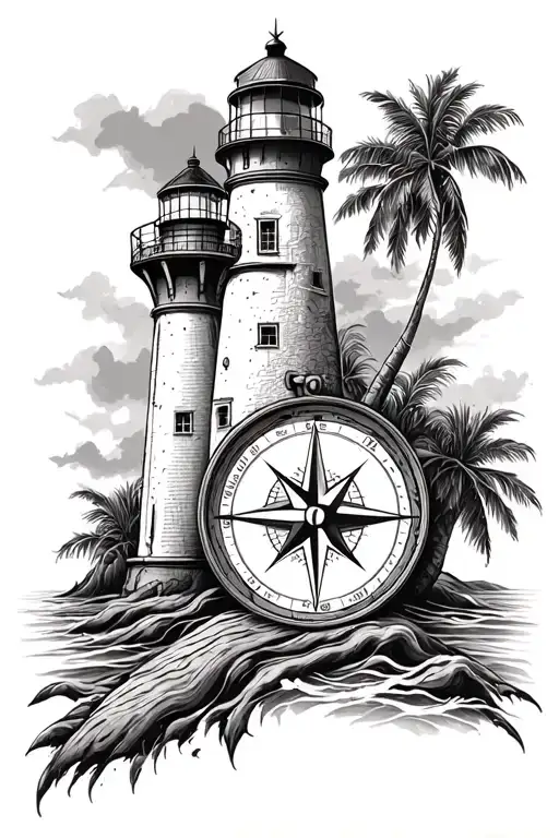 Compass And Lighthouse Pointing South And Palm Tree Pointing West