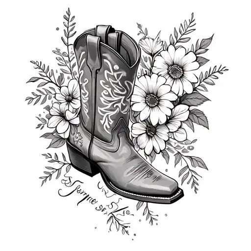 Line Drawing Of The February January And Junes Birth Flowers In A Cowboy Boot