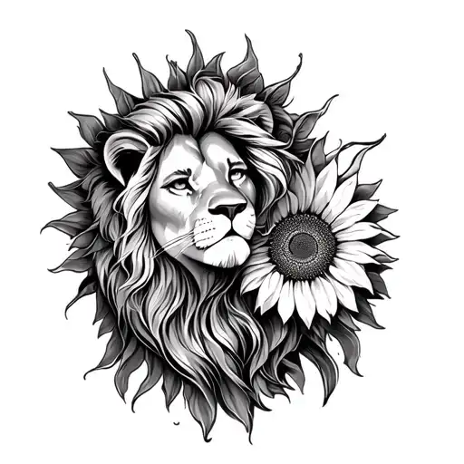 Sketch Tattoo Girl With A Lion Sunflower Sun