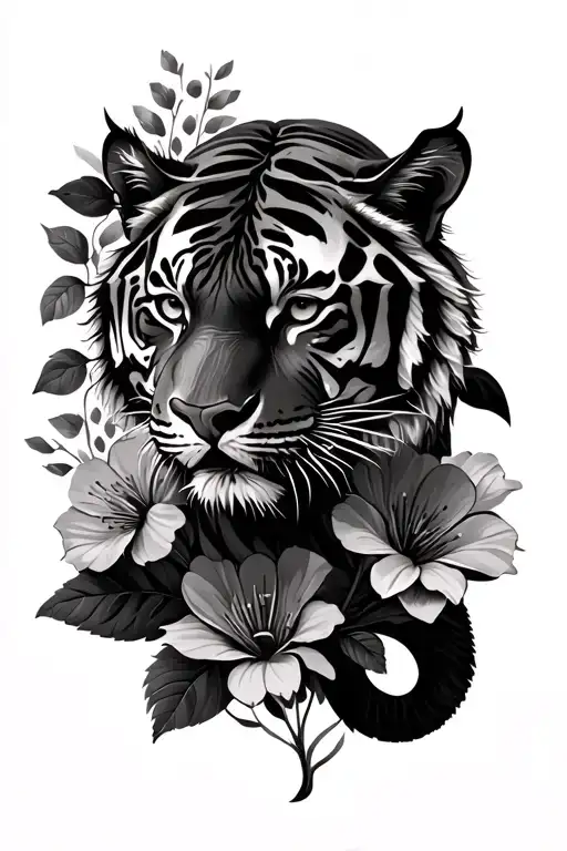 Tiger And Flowers With Patterns In Black