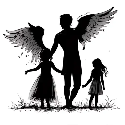 Man With Wings Holding Little Girls Hand Silhouette